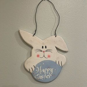 Vintage Happy Easter wooden hanging sign Bunny Rabbit egg door wall decor white